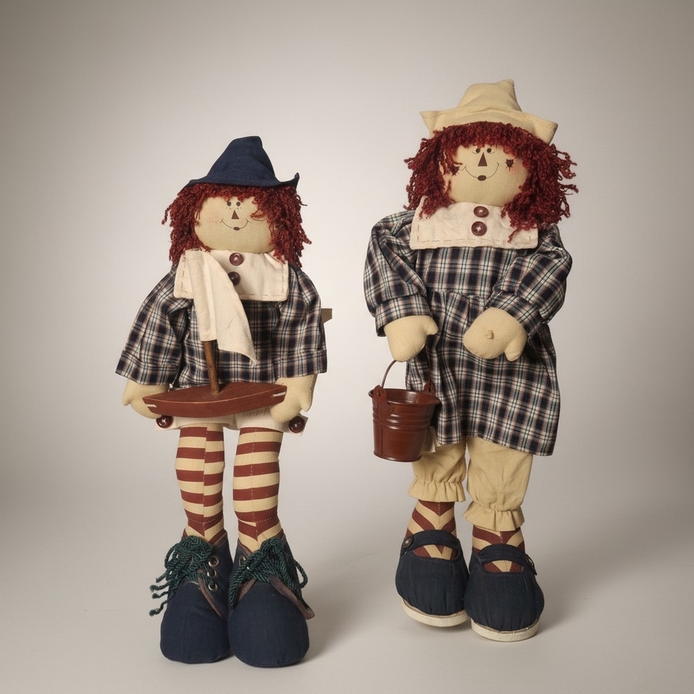 Handmade Rag Doll Pair - Navy Plaid Dresses, Red Yarn Hair